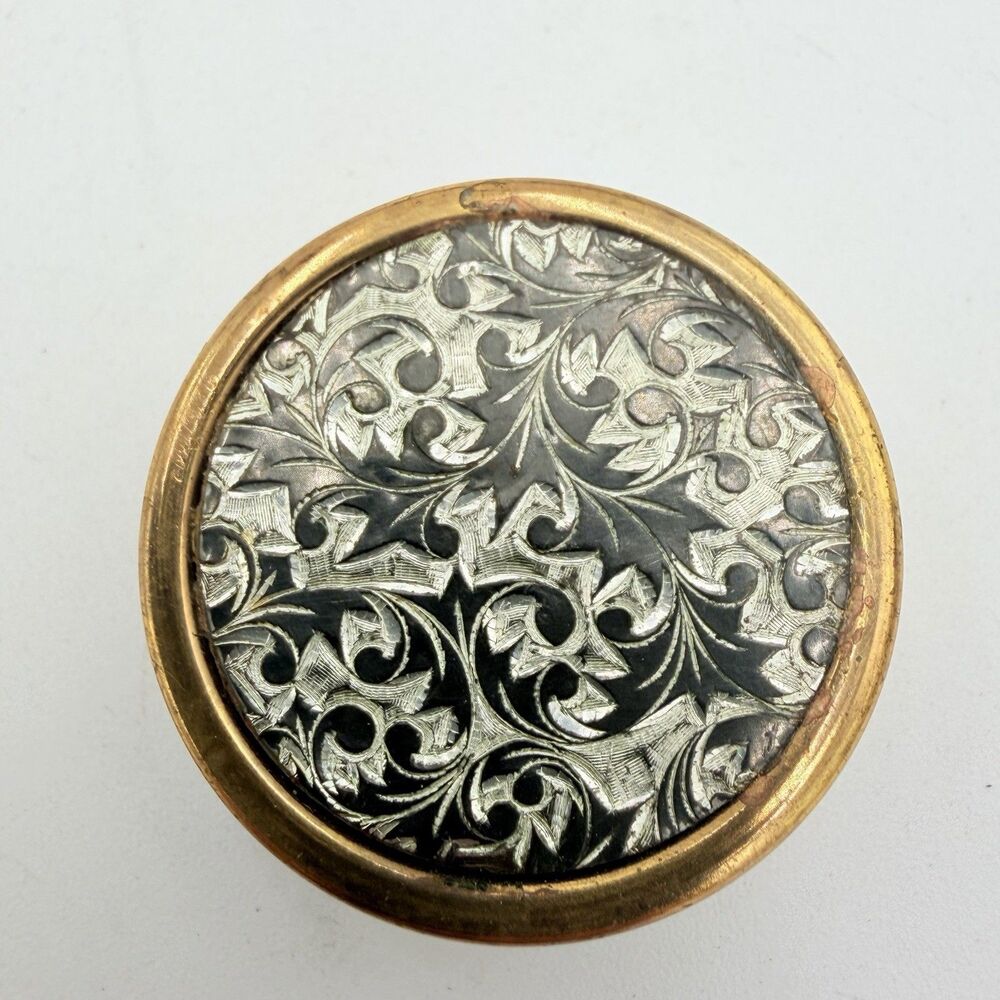 Vintage JAPAN Damascene Style Pill Box Gold Tone Floral Scroll Design - Picture 2 of 8